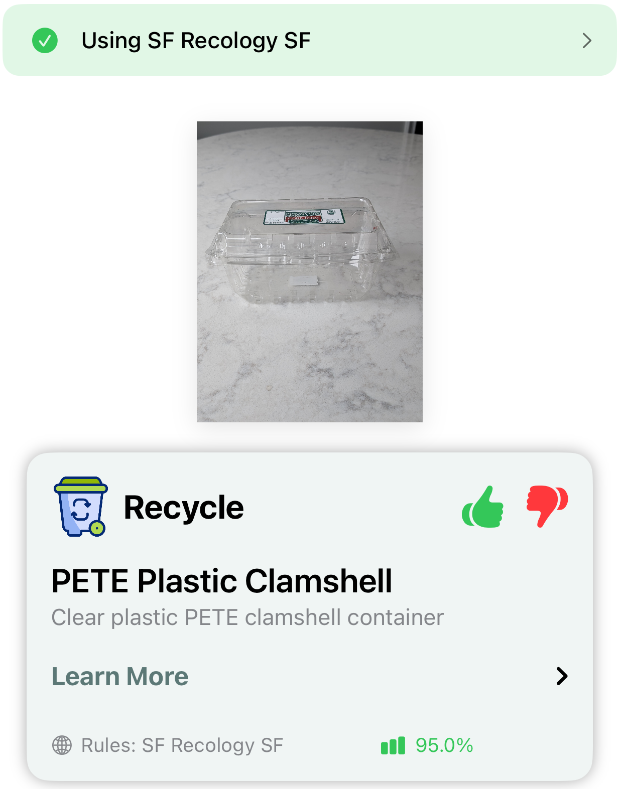 San Francisco: Recycle for a PETE plastic clamshell via SF Recology